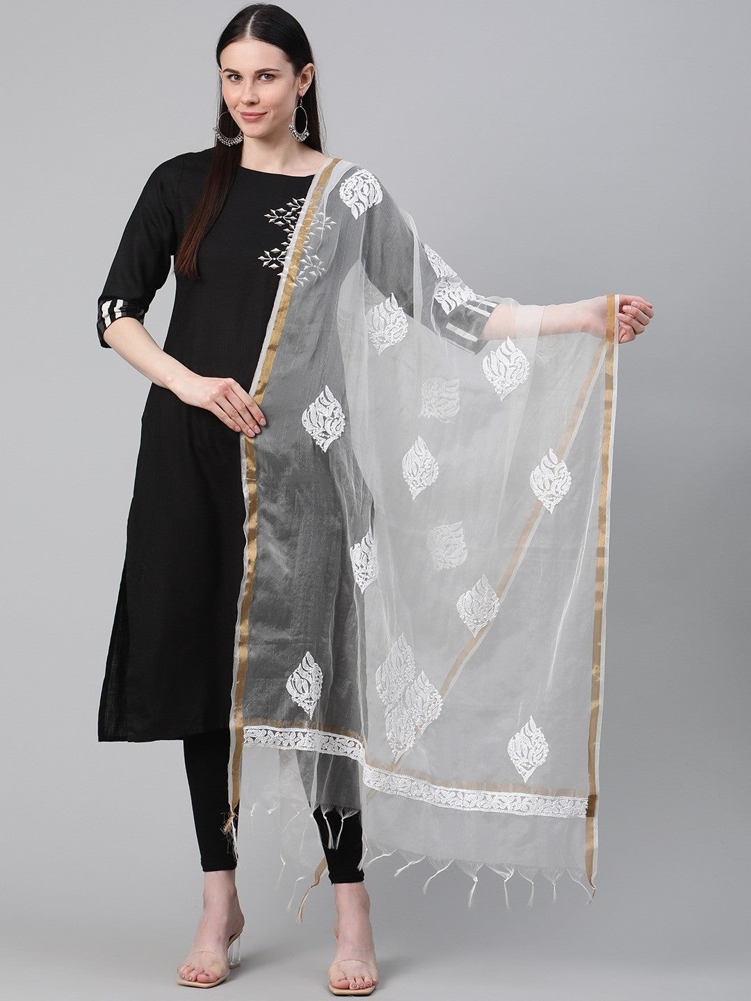 Ada Hand Embroidered White Organza Lucknowi Chikankari Dupatta - A511136