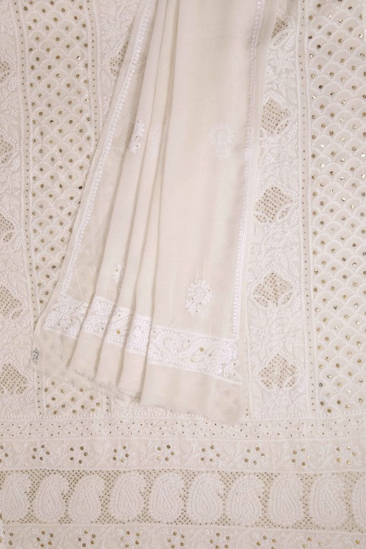 Ada Hand Embroidered White Pure Georgette Lucknowi Chikan Unstitched Kurta Dupatta With Muqaish Work–A560187