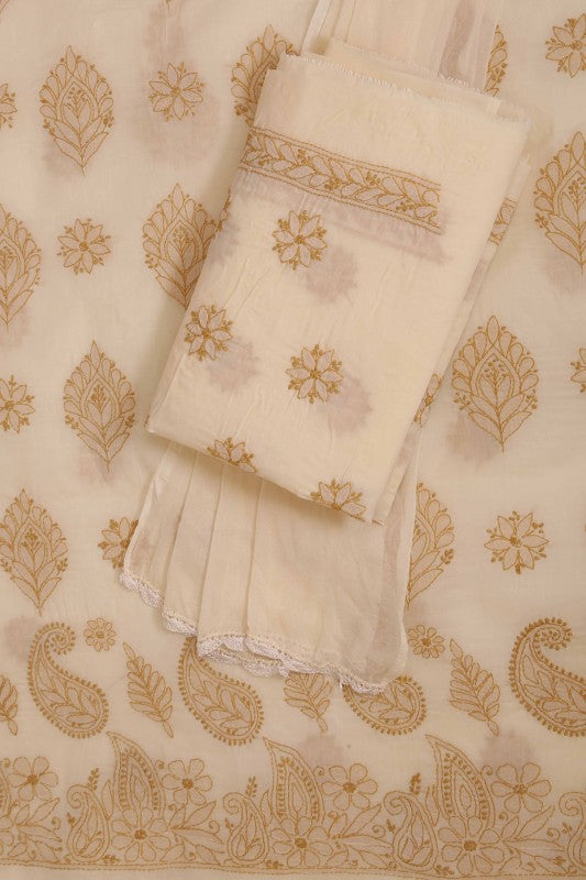 Ada Hand Embroidered Cream Cotton Lucknowi Chikan Unstitched Suit Piece A211139