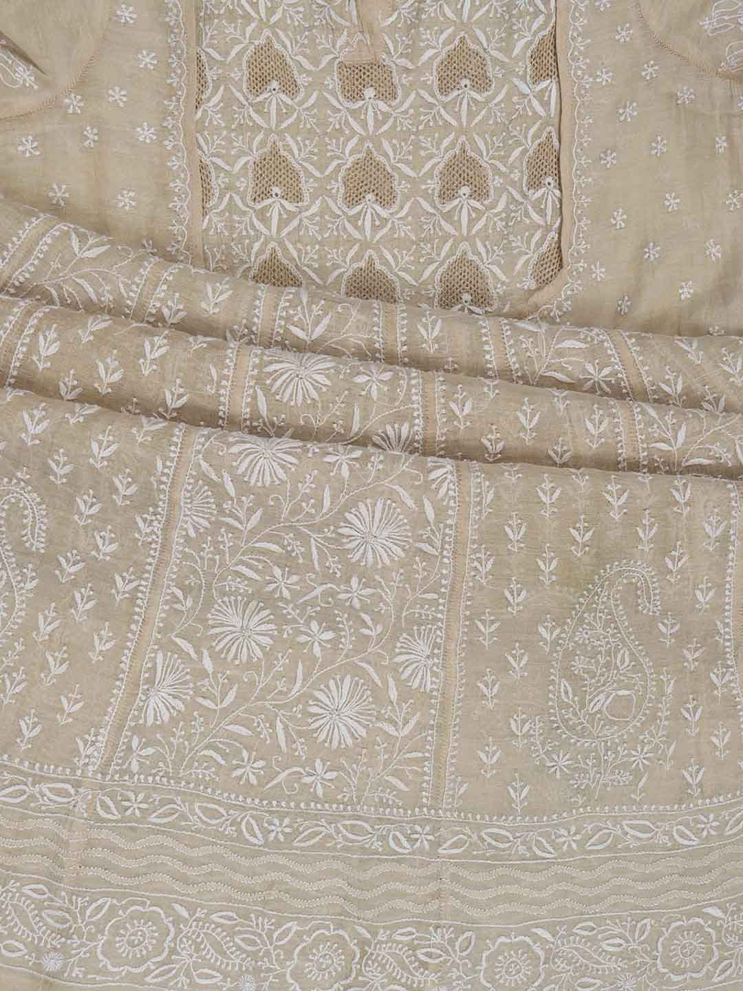 Ada Hand Embroidered Natural Fawn Tissue Lucknowi Chikankari Semi-Stitched Anarkali Kurta Dupatta Set With Zari Work 01A205793