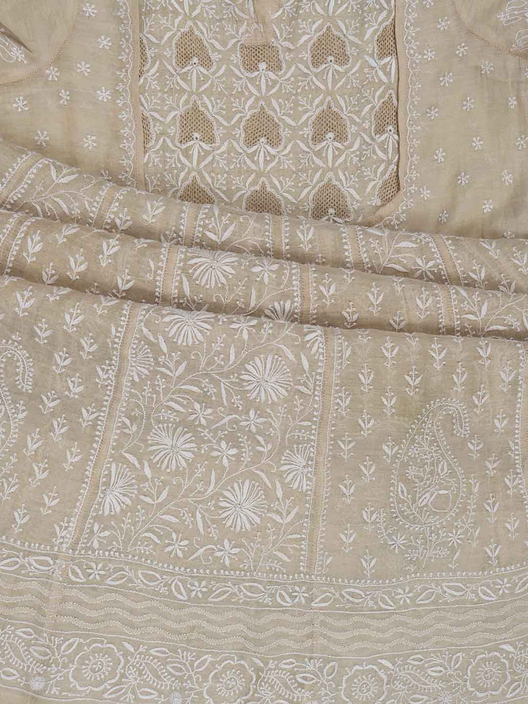 Ada Hand Embroidered Natural Fawn Tissue Lucknowi Chikankari Semi-Stitched Anarkali Kurta Dupatta Set With Zari Work 01A205793