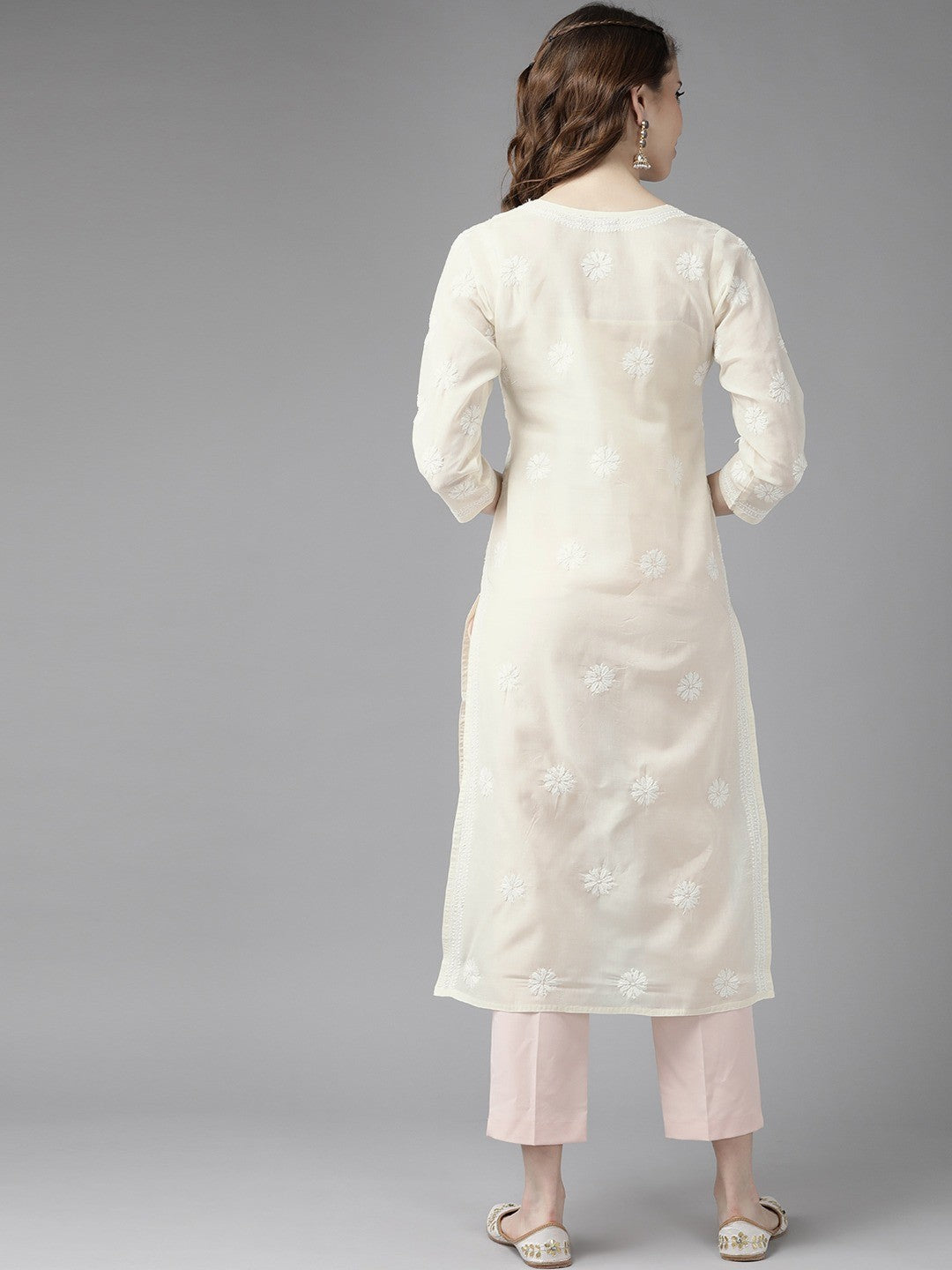 Ada Hand Embroidered Cream Cotton Lucknowi Chikan Kurta A411179