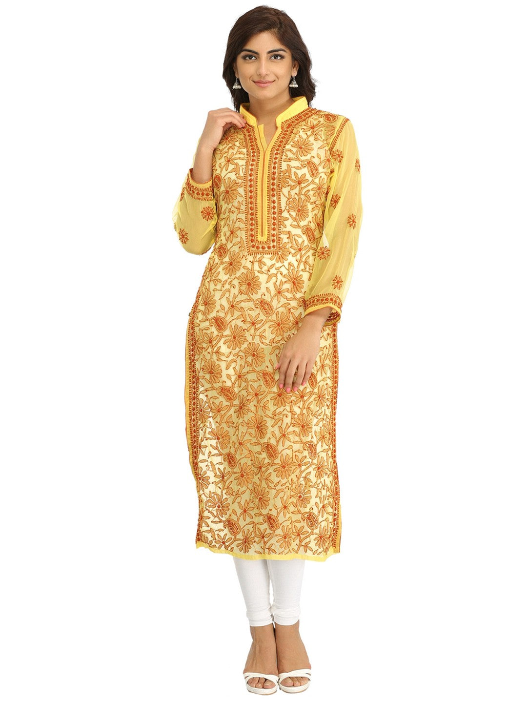 Ada Hand Embroidered Yellow Georgette Lucknowi Chikan Kurta with Slip A224022