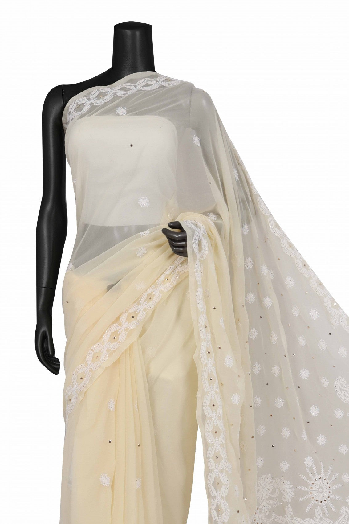 Ada Hand Embroidered Fawn Georgette Lucknowi Chikankari Saree/Blouse With Muqaish Work A516684