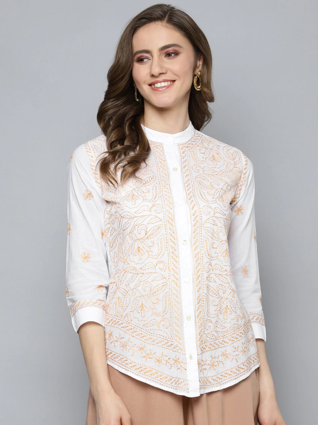 Ada Hand Embroidered White Cotton Lucknowi Chikankari Shirt A911251