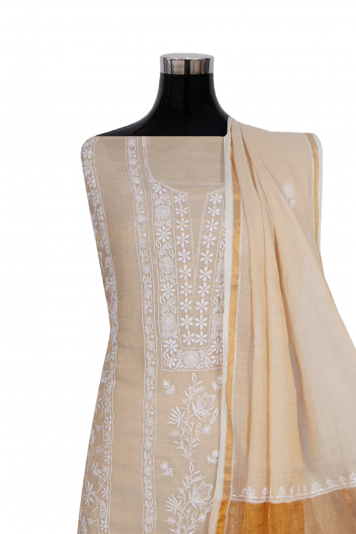 Ada Hand Embroidered Fawn Tissue Lucknowi Chikankari Unstitched Kurta Dupatta Set 01A265057