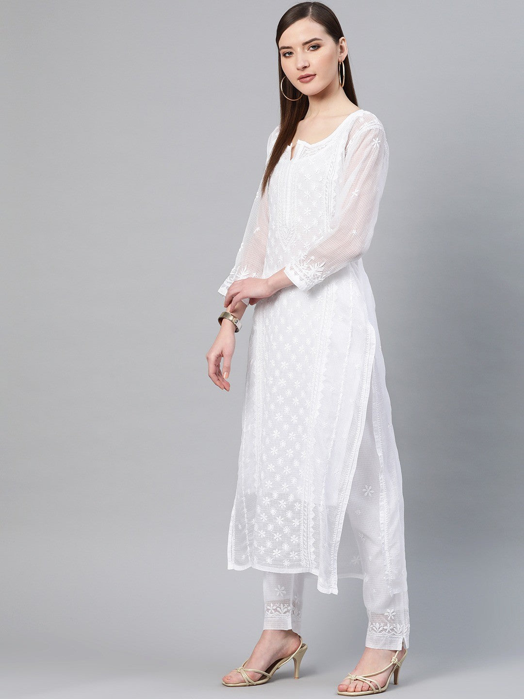 Ada Hand Embroidered White Kota Lucknowi Chikankari Kurta Set With Slip A811112