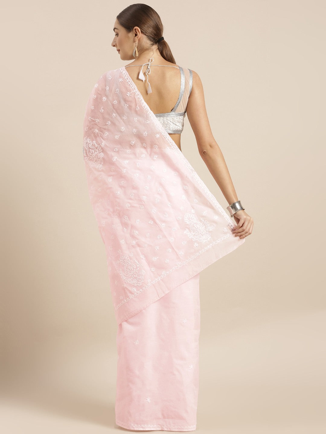 Ada Hand Embroidered Pink Cotton Lucknow Chikan Saree With Blouse- A346142