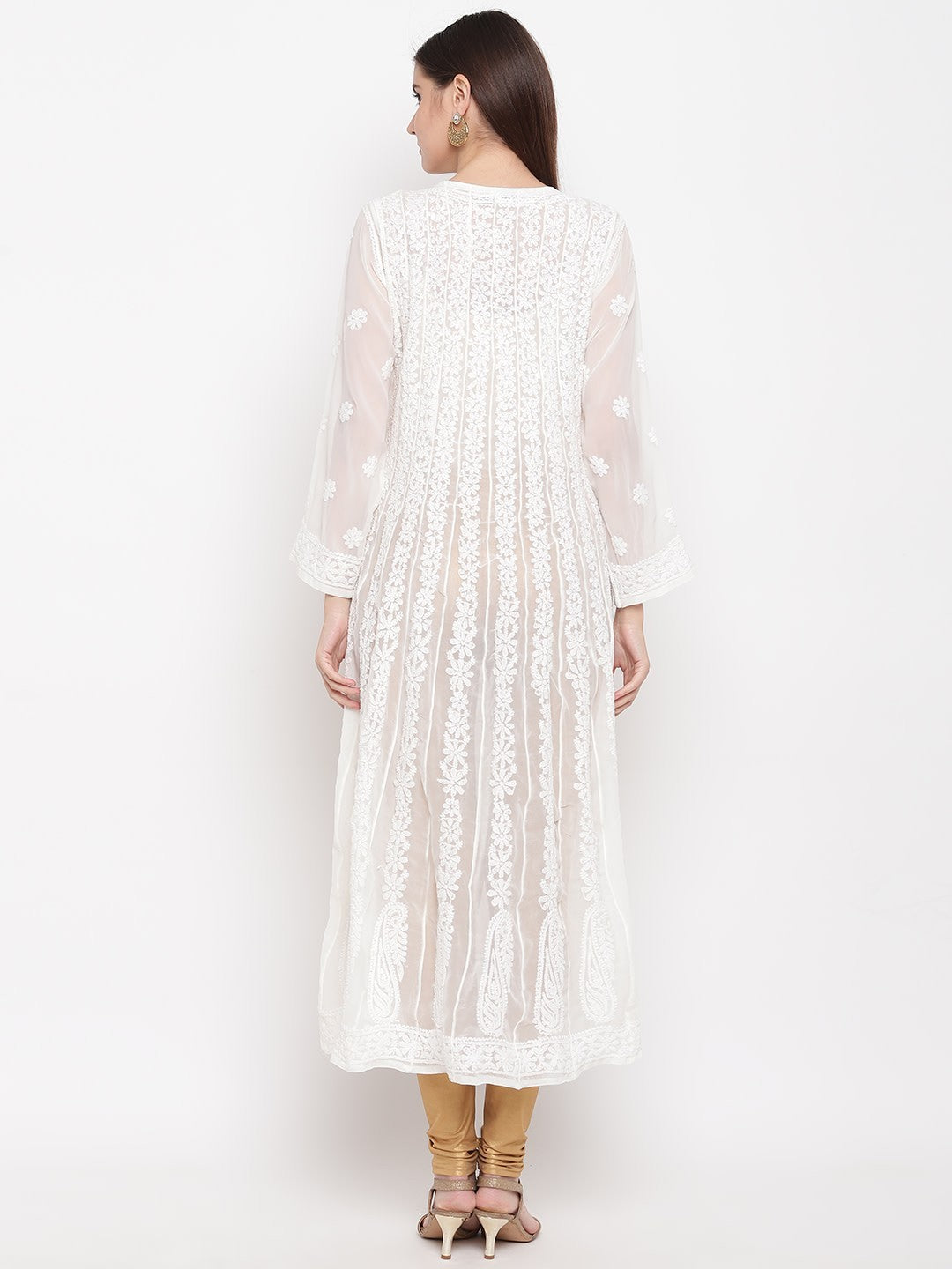 Ada Hand Embroidered White Georgette Lucknow Chikankari Anarkali A-Line Kurta A100300