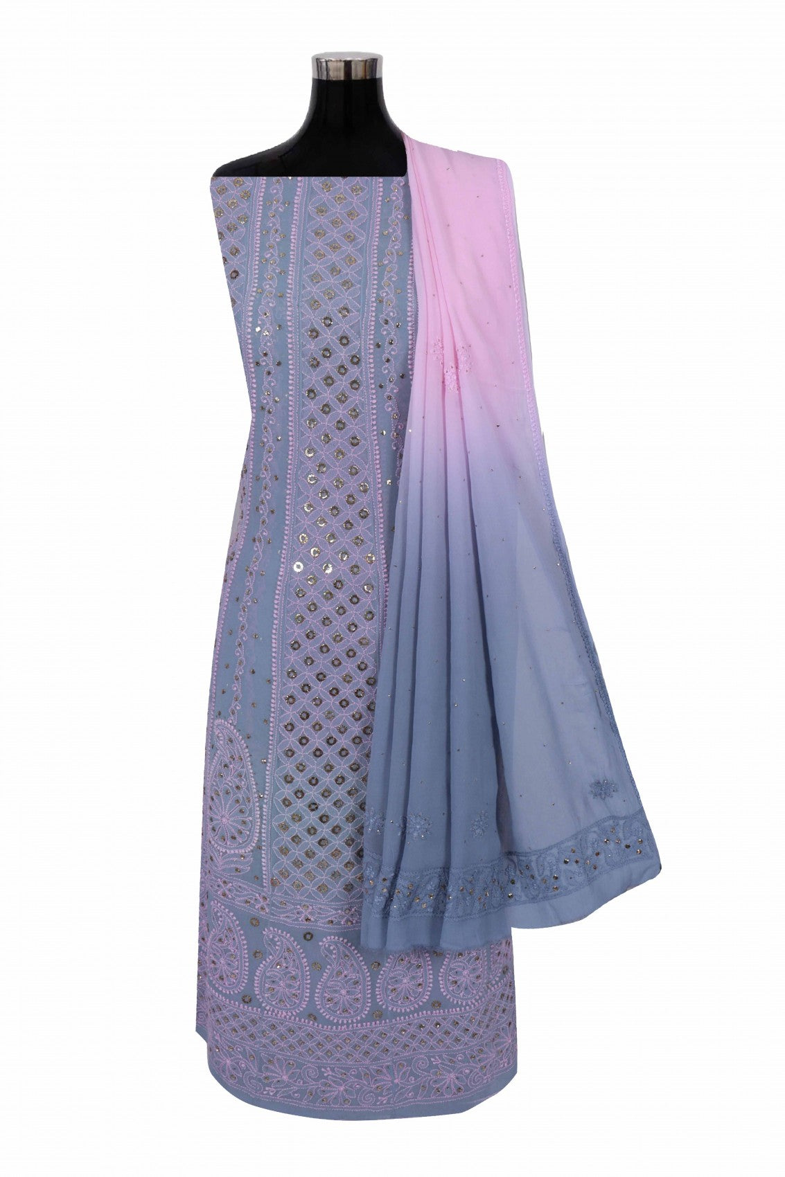 Ada Hand Embroidered Grey Georgette Lucknowi Chikankari Semi-Stitched Anarkali Kurta Dupatta Set With Muqaish Work A584097