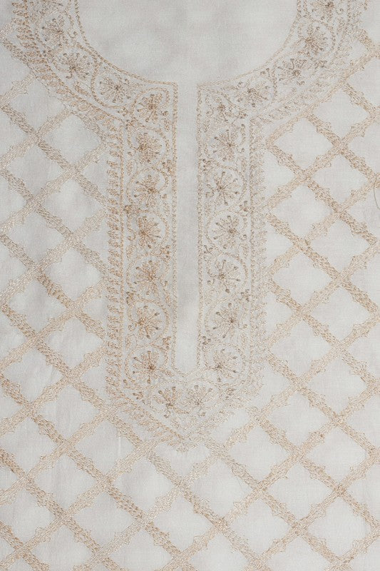 Ada Hand Embroidered Cream Chanderi Lucknowi Chikan Unstitched Kurta Piece- A422546