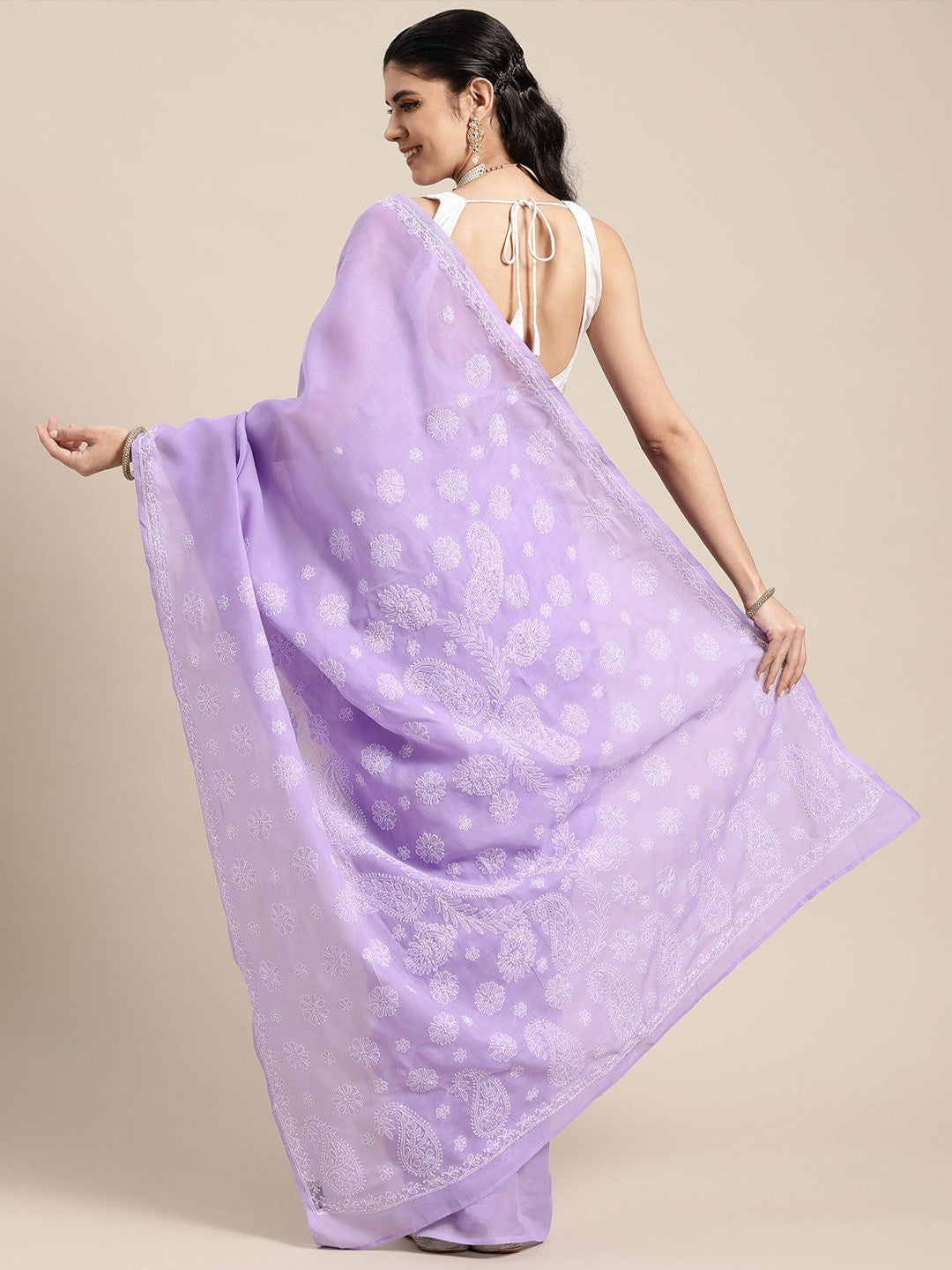 Ada Hand Embroidered Lavender Cotton Lucknowi Chikankari Saree with Blouse A311255