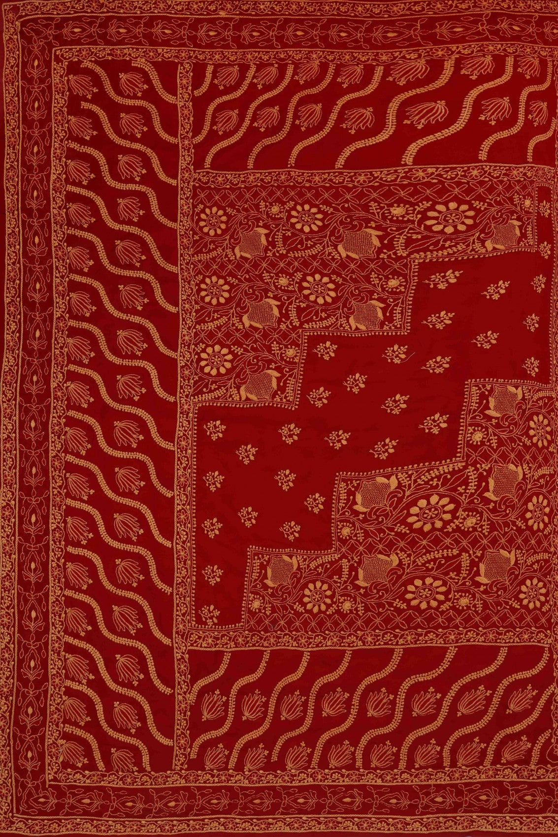 Ada Hand Embroidered Rust and Red Ombre Shade Pure Georgette Lucknowi Chikankari Saree With Blouse 01A224311