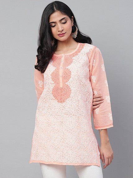 Ada Hand Embroidered Peach Cotton Lucknowi Chikankari Short Kurti A273726