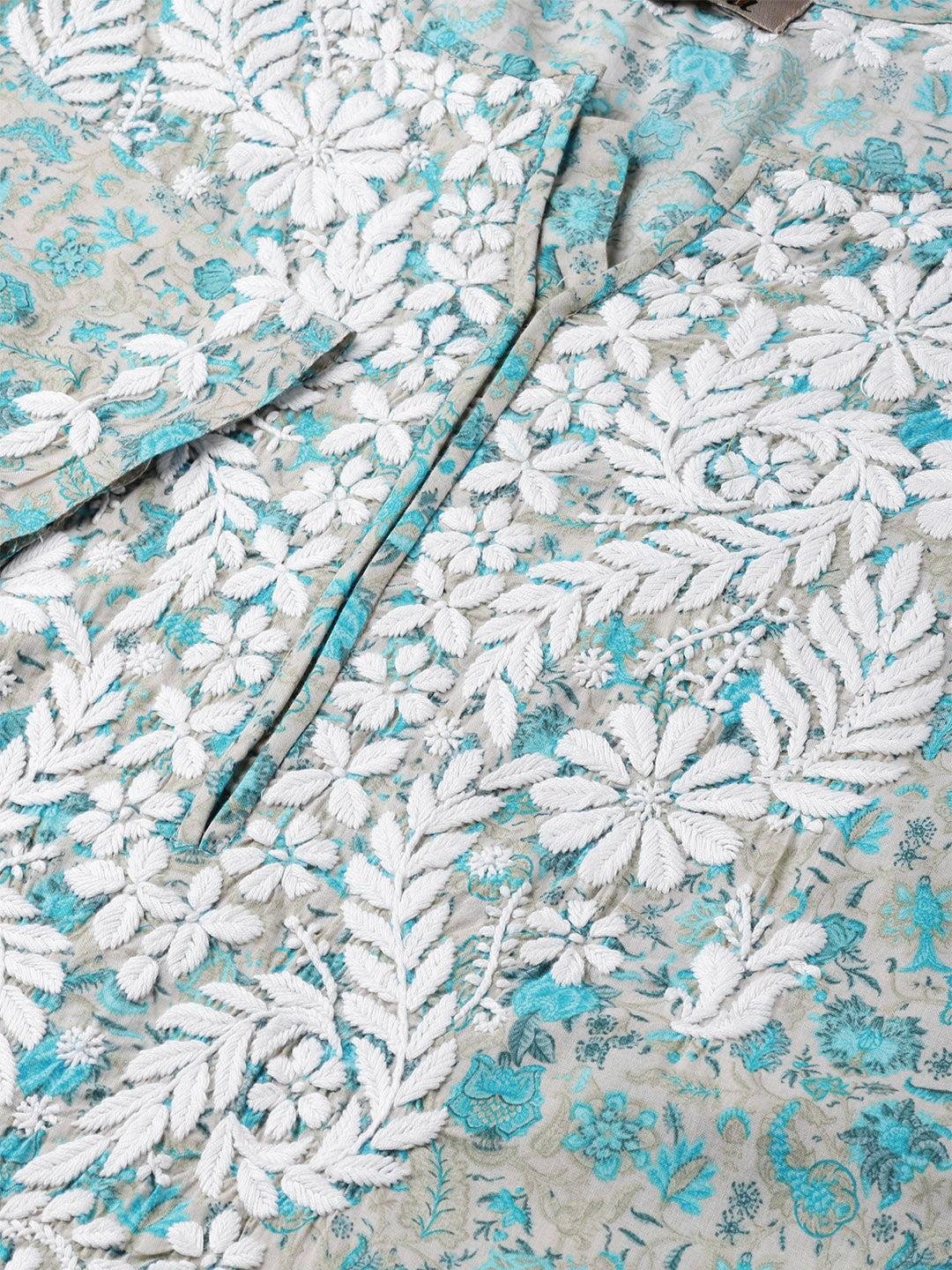 Ada Hand Embroidered Fawn Blue Cotton Lucknow Chikankari Straight Kurta- A100038