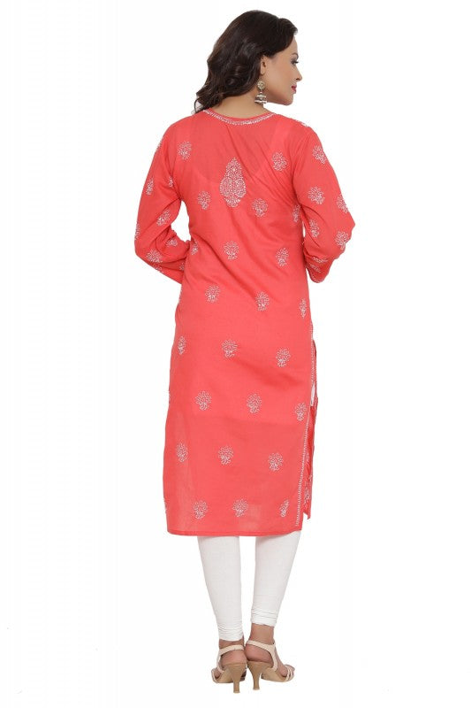 Ada Hand Embroidered Carrot Pink Cotton Lucknowi Chikankari Straight Kurta A196681