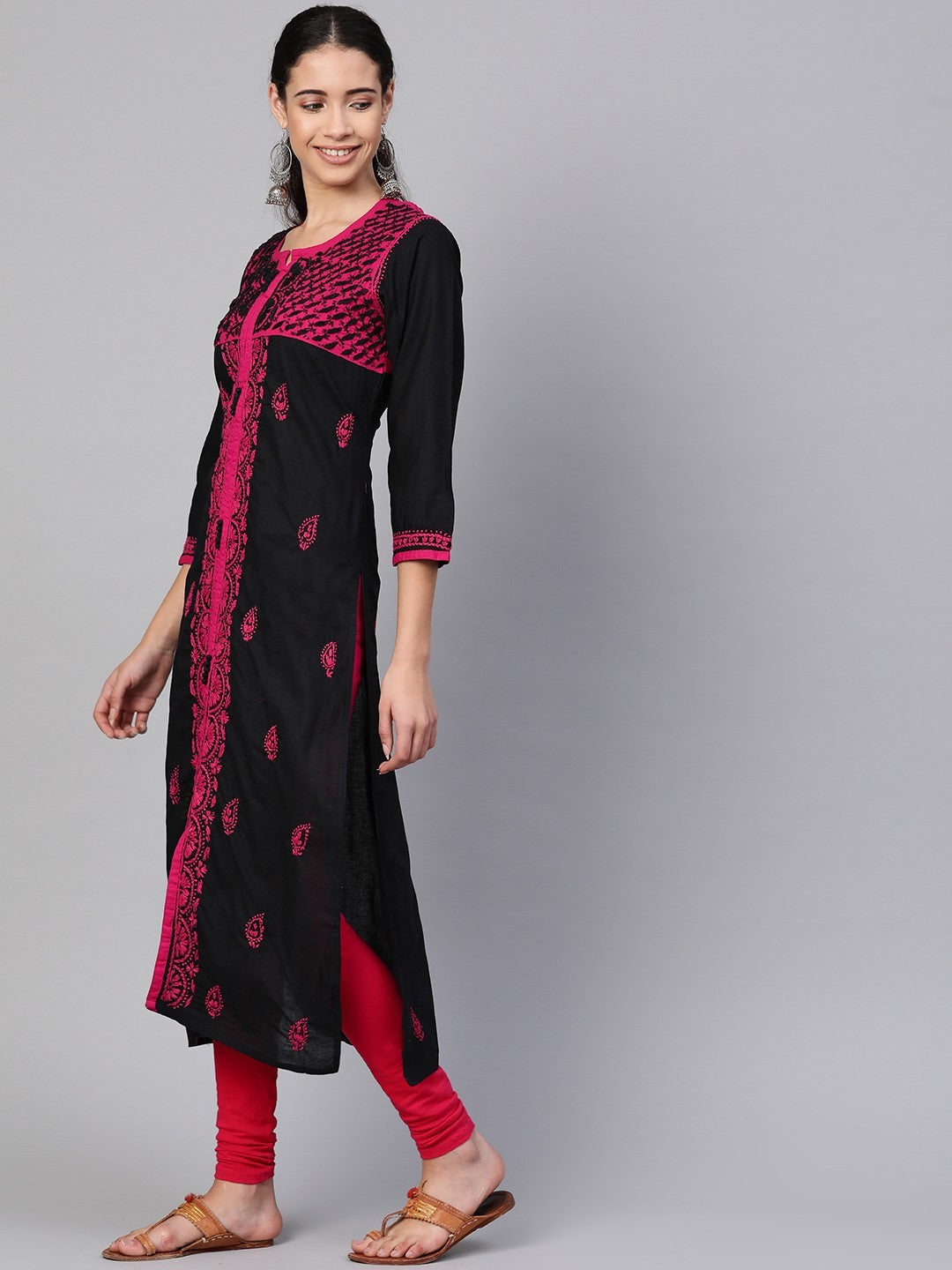Ada Hand Embroidered Black Cotton Lucknowi Chikankari Straight Kurta A100375