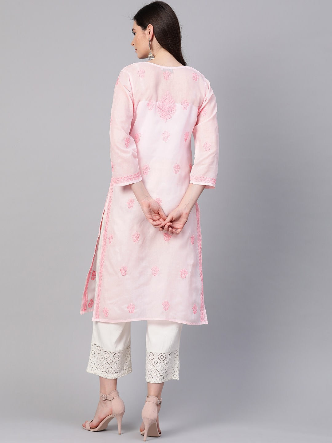 Ada Hand Embroidered Baby Pink Cotton Lucknowi Chikankari Straight Kurta A100365