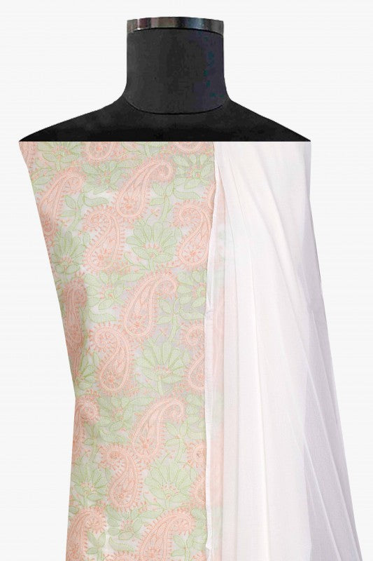 Ada Hand Embroidered Cream Cotton Lucknowi Chikan Unstitched Suit Piece-A100304
