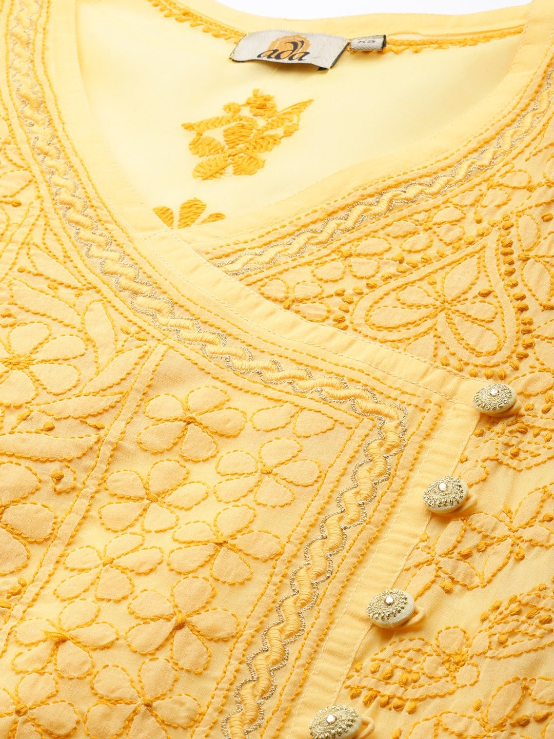 Ada Hand Embroidered Yellow Cotton Lucknowi Chikankari Kurta A411252