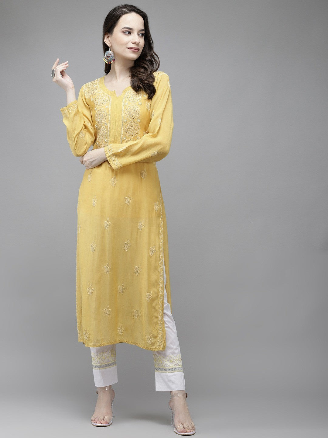 Ada Hand Embroidered Lime Green Muslin Lucknowi Chikankari Straight Kurta With Muqaish Work A411301