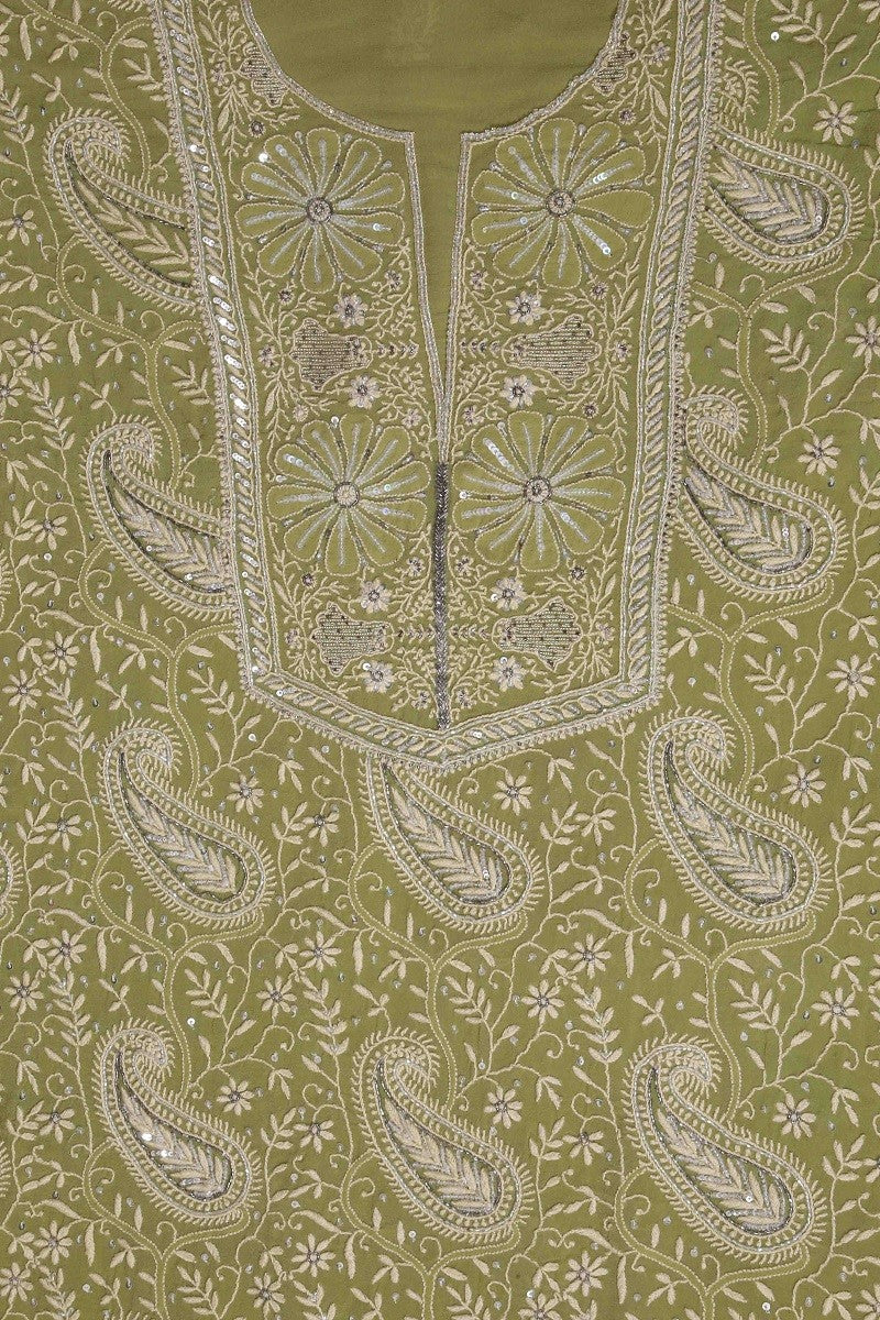 Ada Hand Embroidered Sage Green Pure Georgette Chikan Unstitched Kurta Dupatta Set with Sequinned Work - A511812