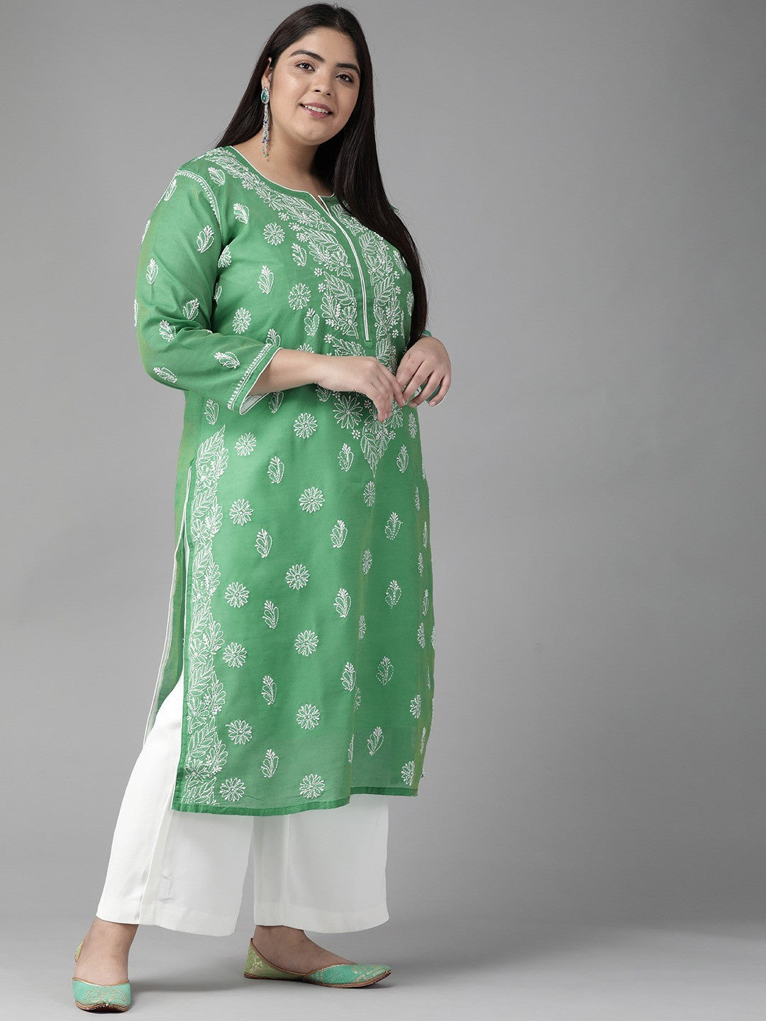 Ada Hand Embroidered Green Chanderi Lucknow Chikankari Straight Kurta A411176