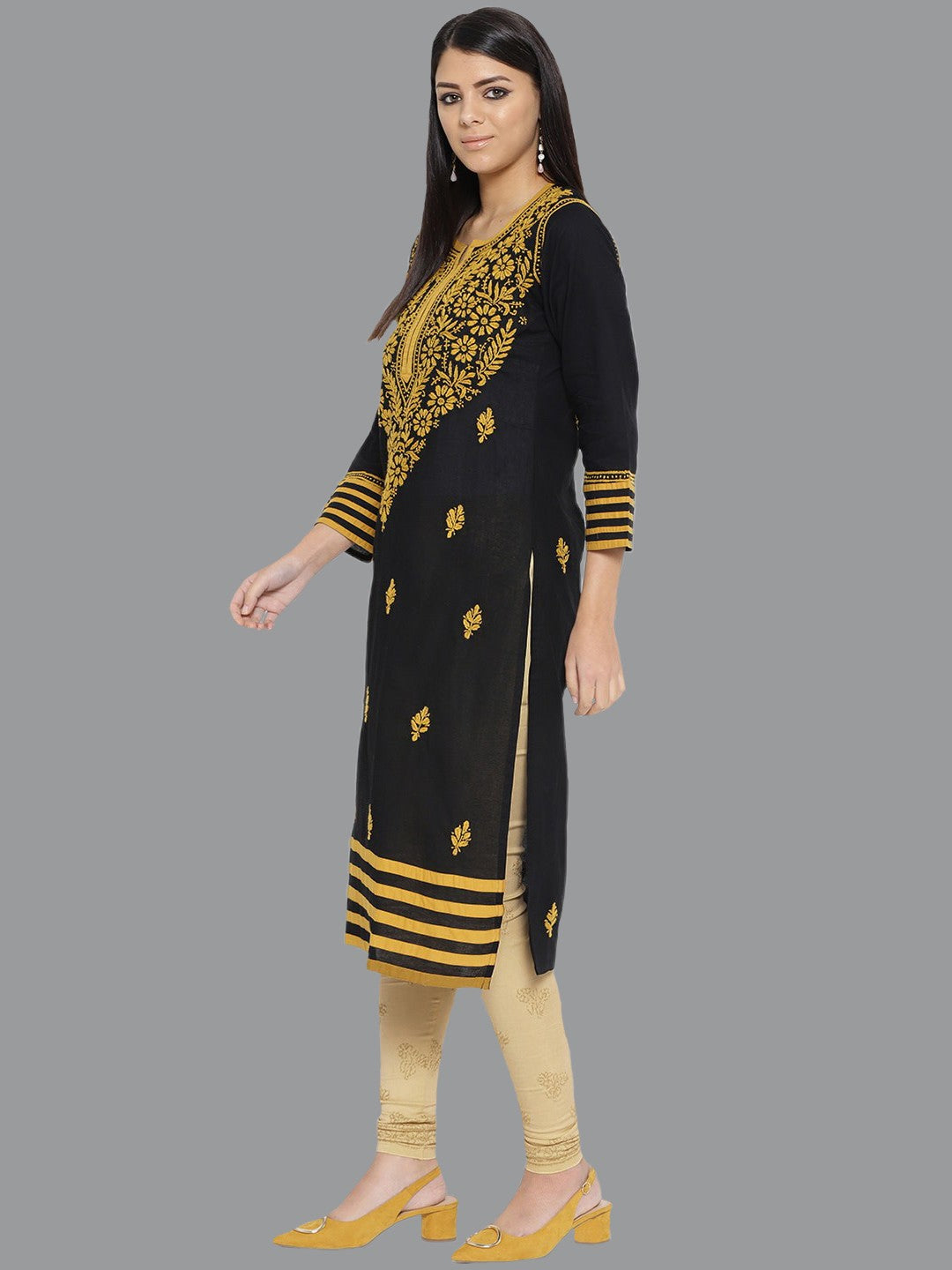 Ada Hand Embroidered Black Cotton Lucknowi Chikankari Kurta with Churidar Set A100014