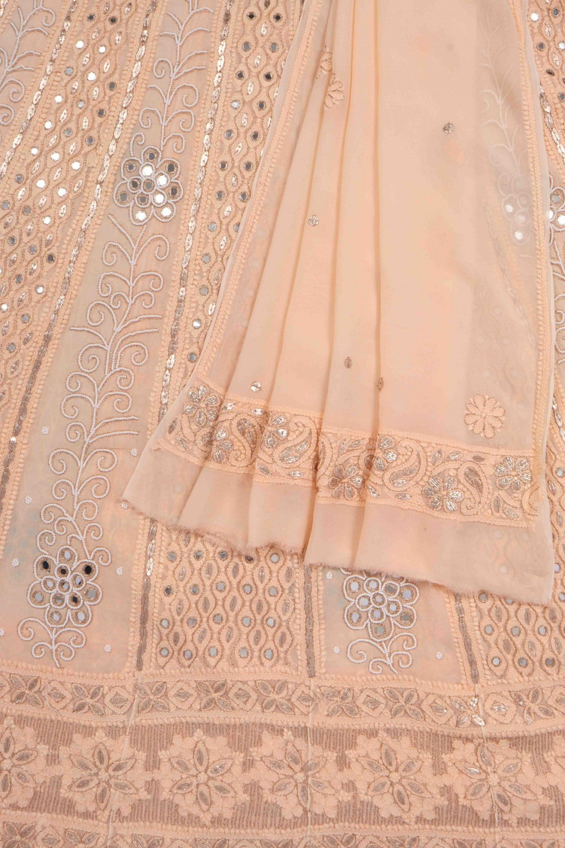 Ada Hand Embroidered Light Peach Georgette Lucknowi Chikankari Semi-Stitched Anarkali Kurta Dupatta Set With Gota Patti Work 01A135120