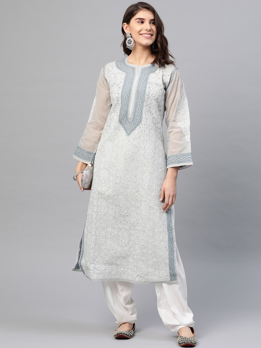Ada Hand Embroidered Grey Cotton Lucknow Chikan Kurta A411163