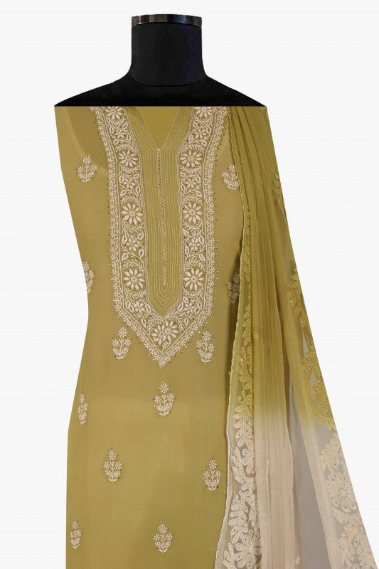 Ada Hand Embroidered Mehendi Green Pure Georgette Lucknowi Chikan Unstitched Kurta Dupatta Set A482884