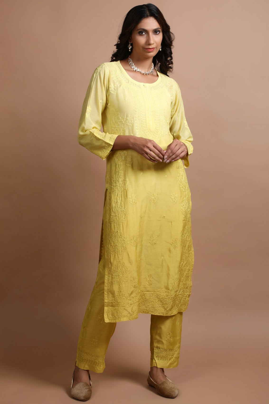 Ada Hand Embroidered Mehendi Green Cotton Lucknowi Chikankari Kurta With Plazzo Set 01A272974