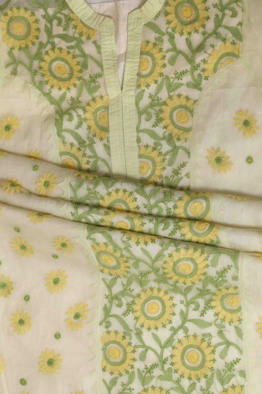 Ada Hand Embroidered Lemon Organza Lucknowi Chikan Unstitched Kurta Dupatta Set -A587997