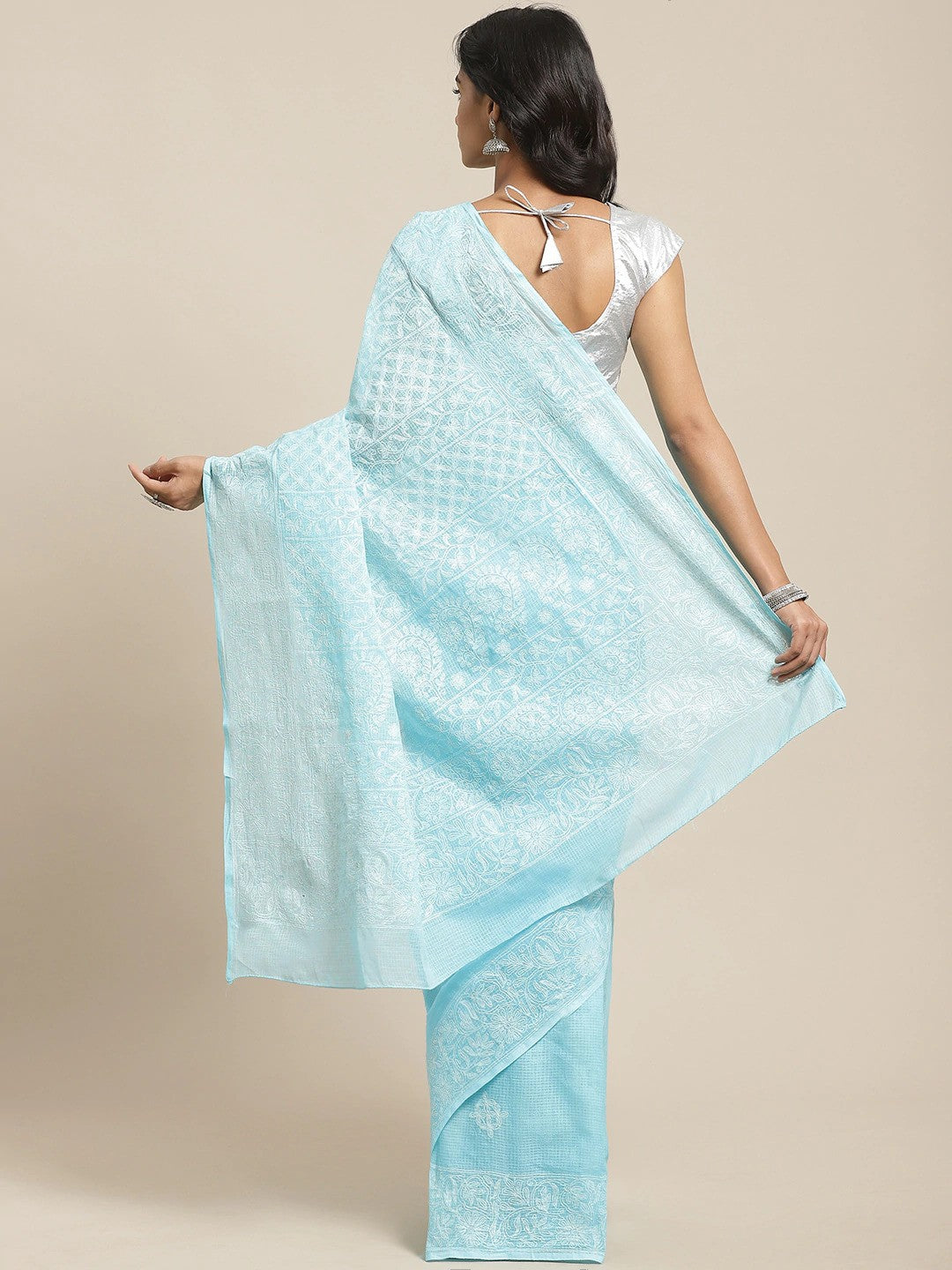 Ada Hand Embroidered Blue Kota Lucknow Chikan Saree With Blouse- A311116
