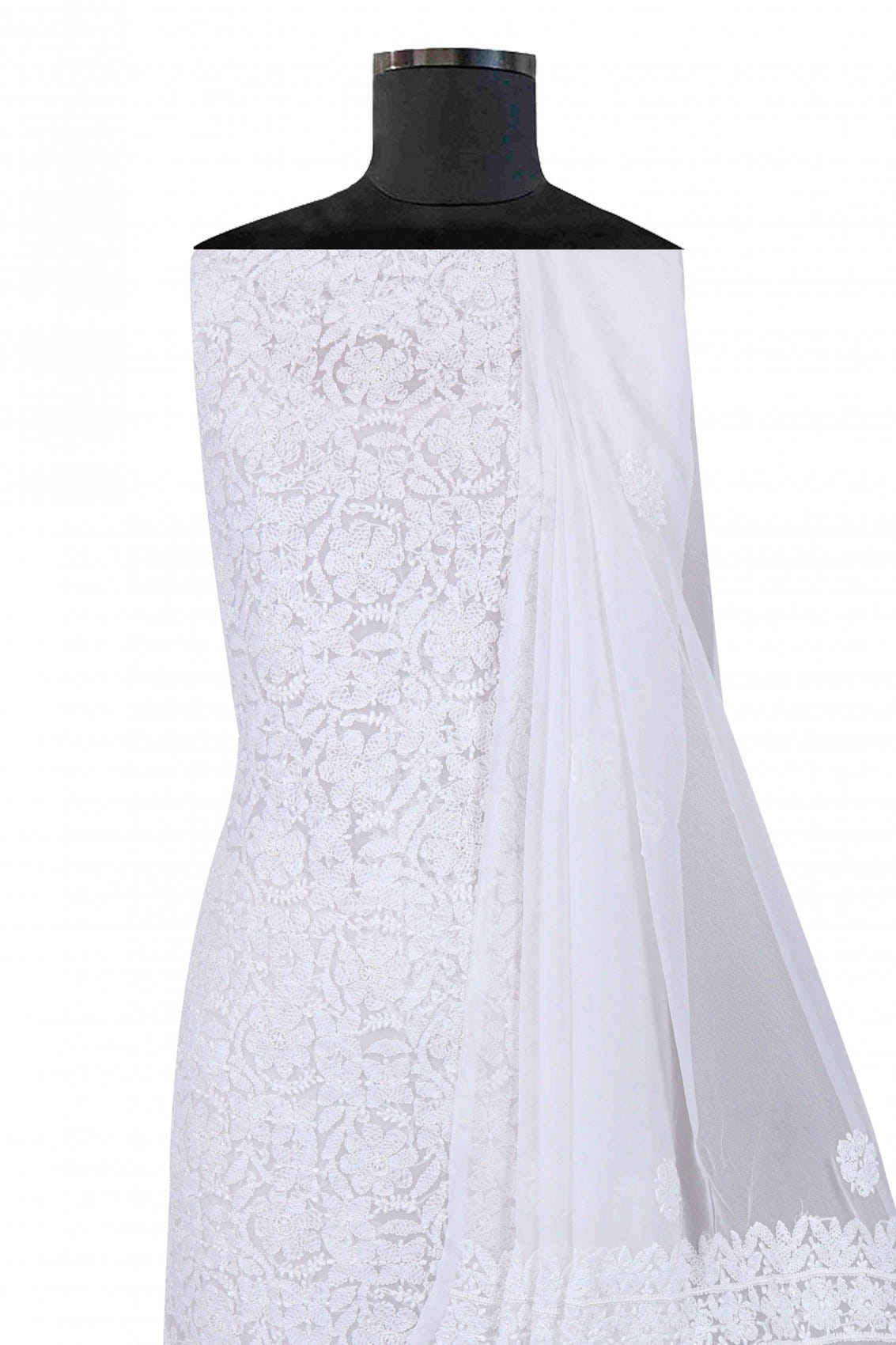Ada Hand Embroidered White Georgette Lucknowi Chikankari Unstitched Suit Piece With Pearl Work 01A28076