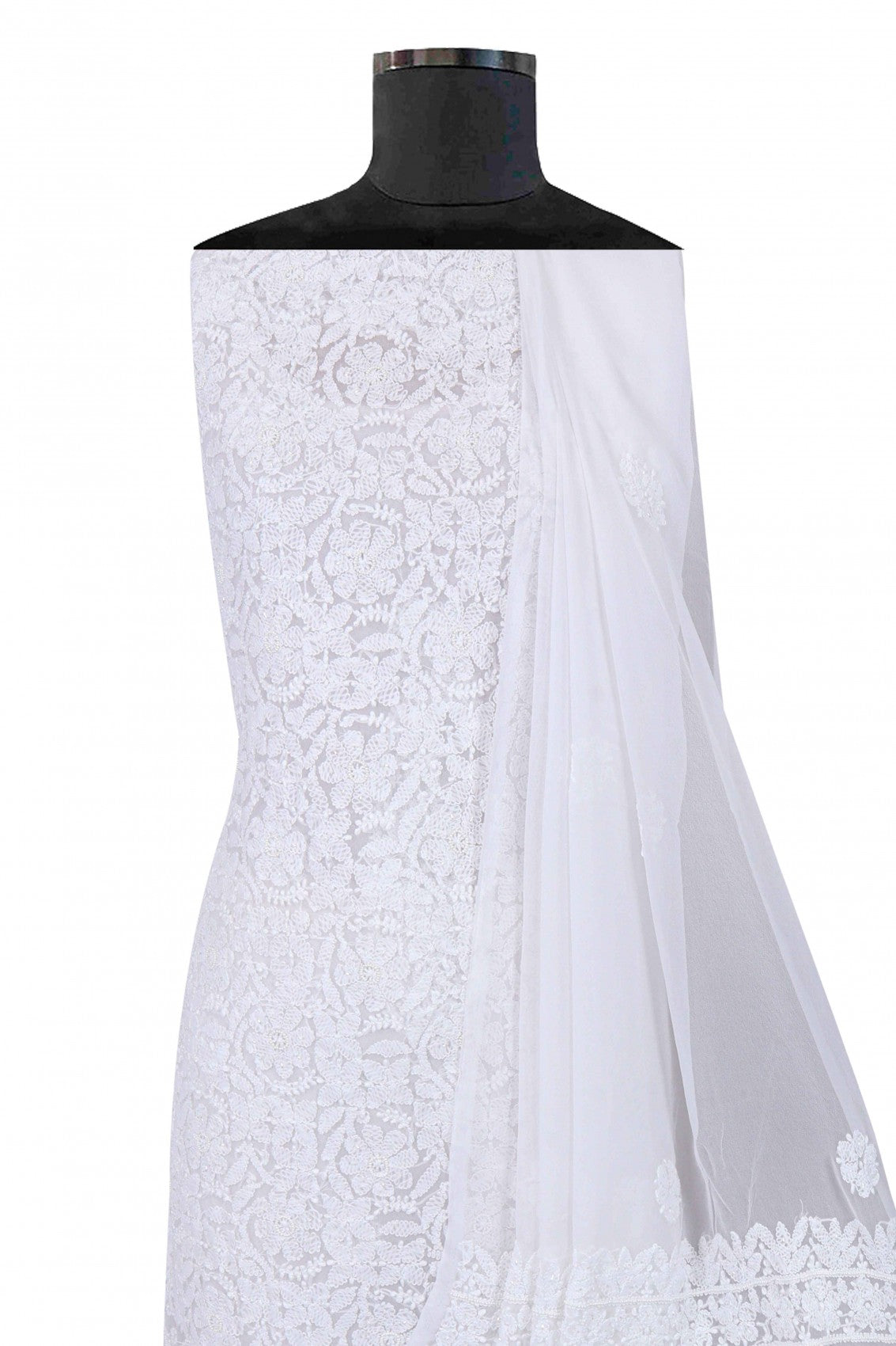 Ada Hand Embroidered White Georgette Lucknowi Chikankari Unstitched Suit Piece With Pearl Work 01A28076
