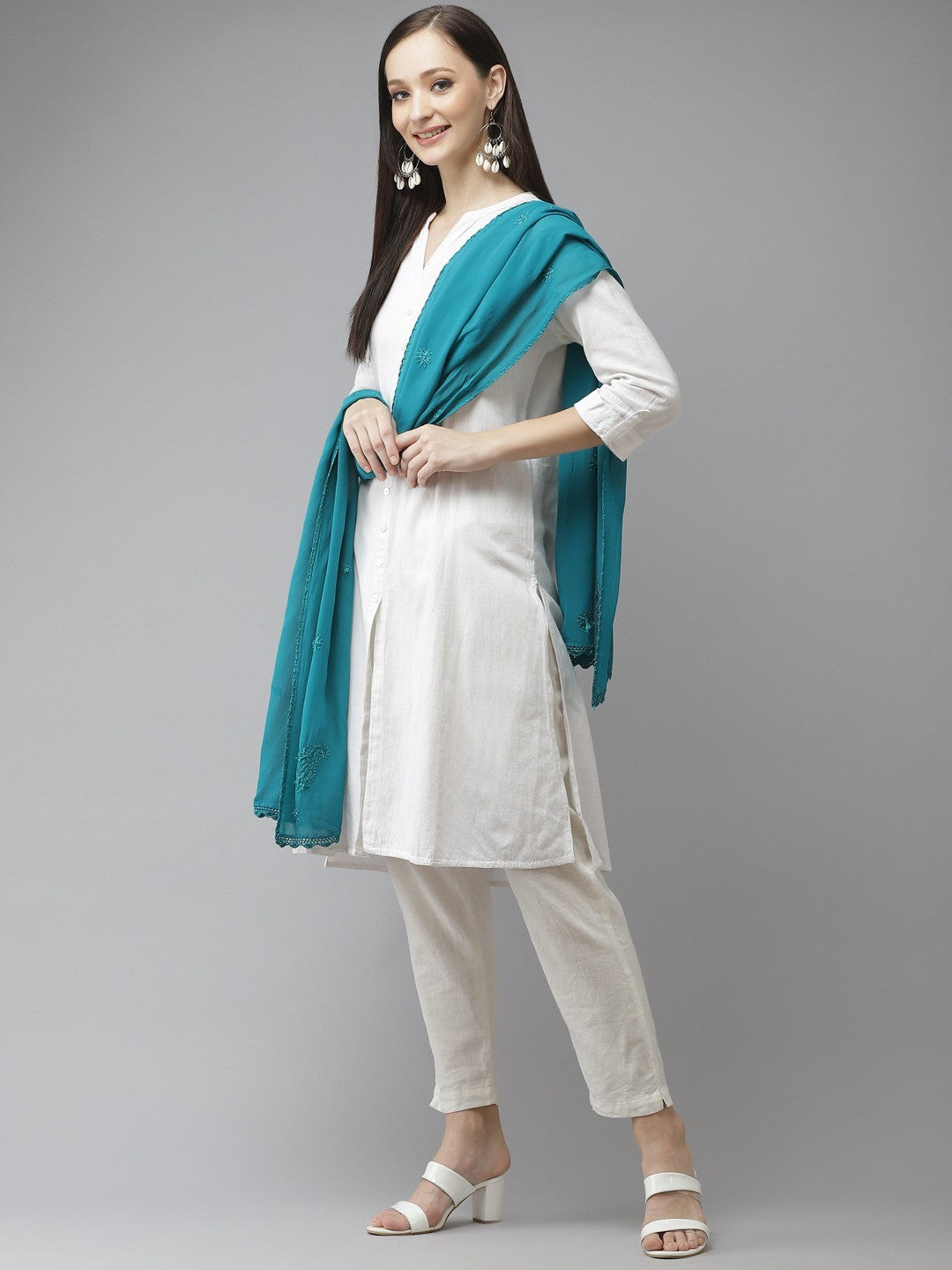 Ada Hand Embroidered Teal Green Georgette Lucknowi Chikankari Dupatta A511194