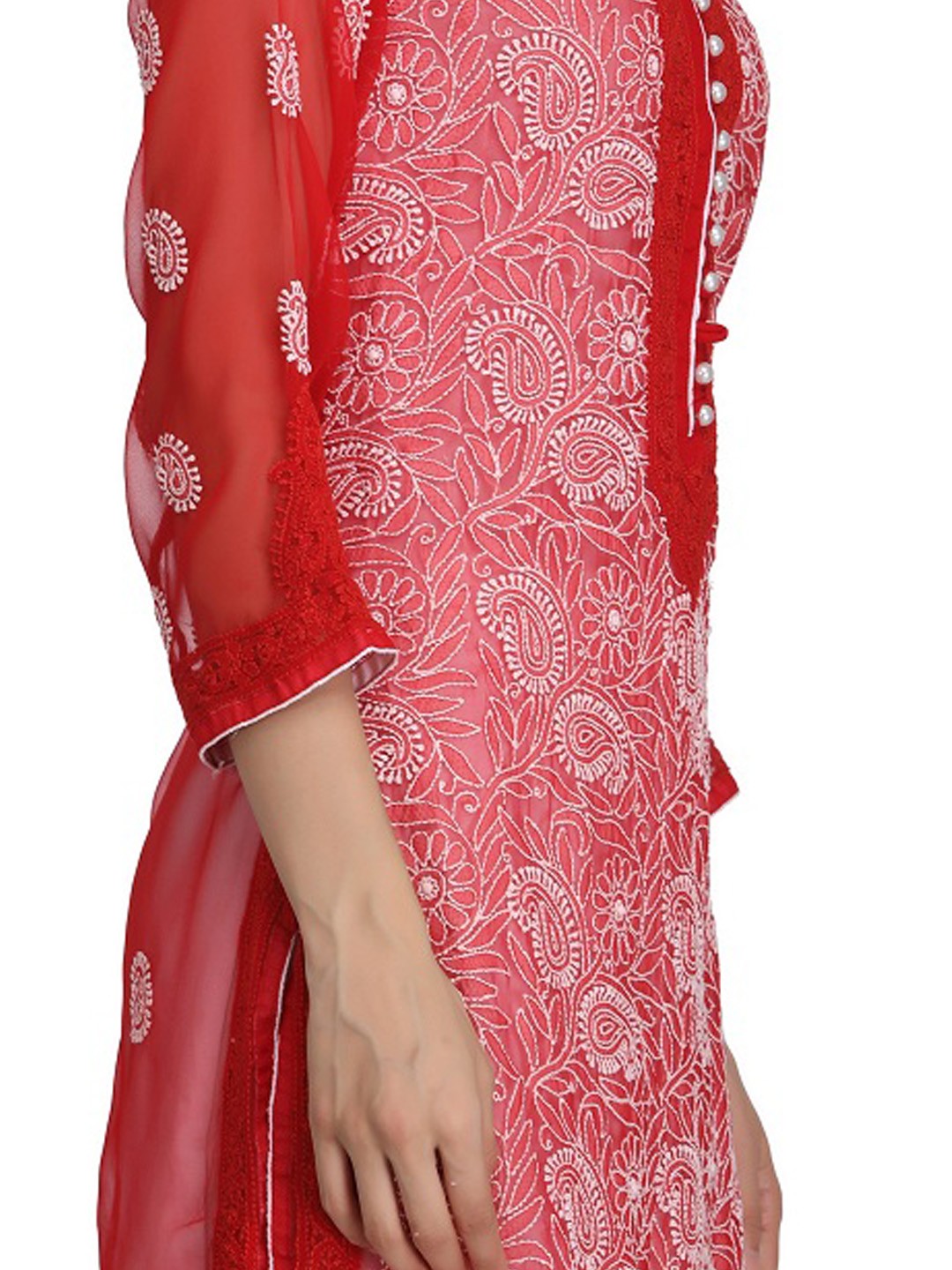 Ada Hand Embroidered Red Georgette Lucknowi Chikankari Straight Kurta with Slip A223964