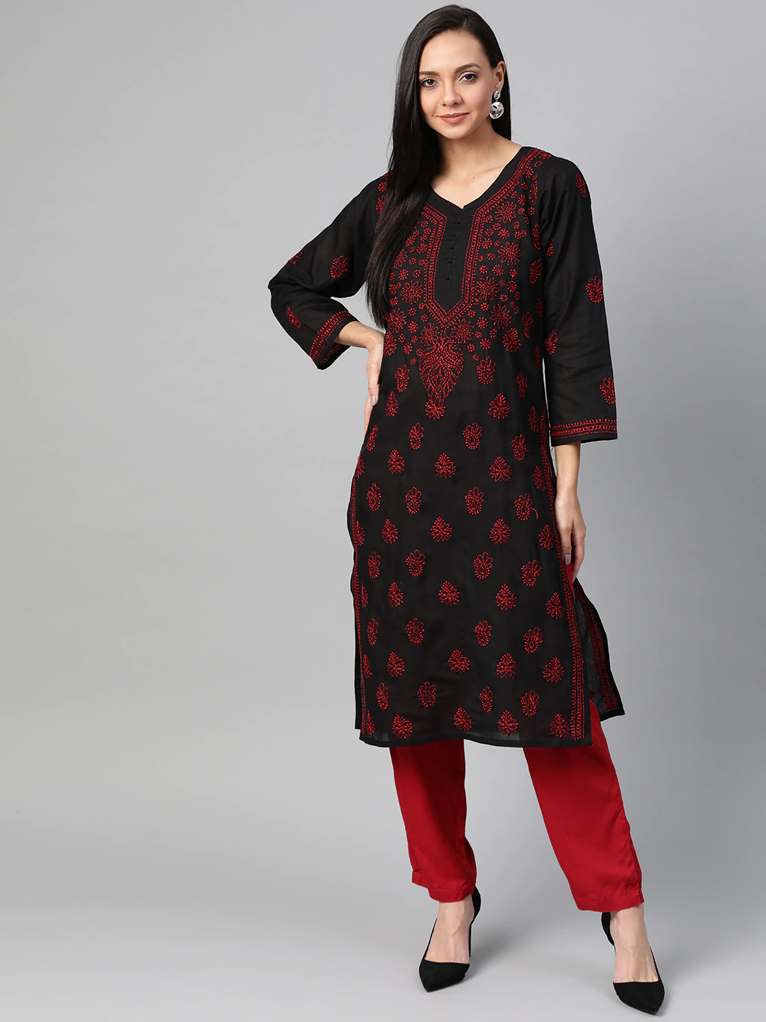 Ada Hand Embroidered Black Cotton Lucknowi Chikankari Straight Kurta A100407