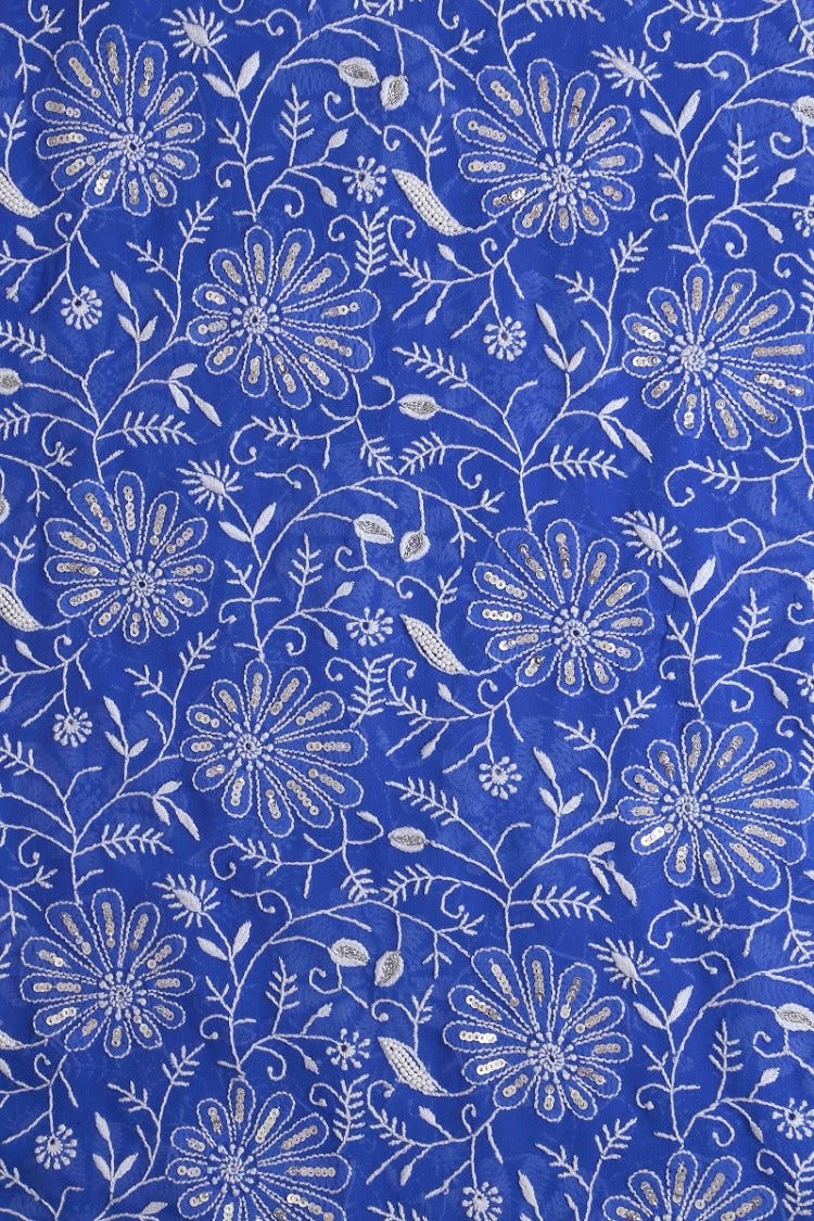 Ada Hand Embroidered Royal Blue Pure Georgette Lucknowi Chikan Unstitched Kurta Dupatta Set With Pearl & Sequinned Work A602319