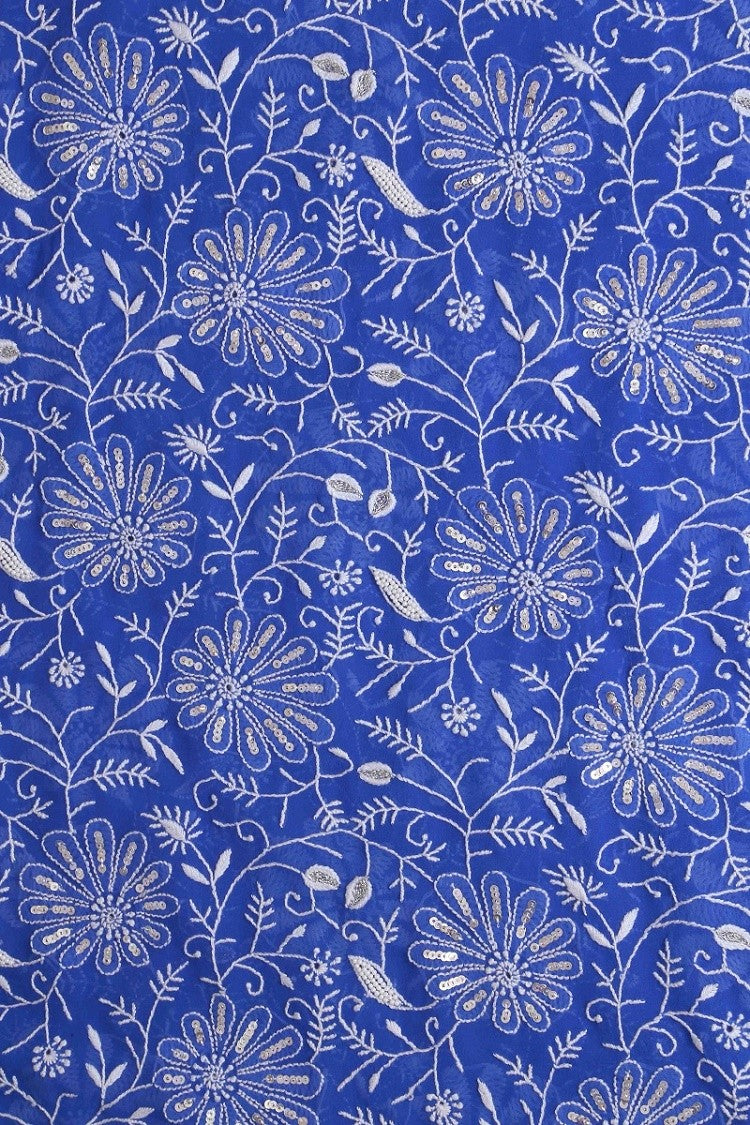 Ada Hand Embroidered Royal Blue Pure Georgette Lucknowi Chikan Unstitched Kurta Dupatta Set With Pearl & Sequinned Work A602319
