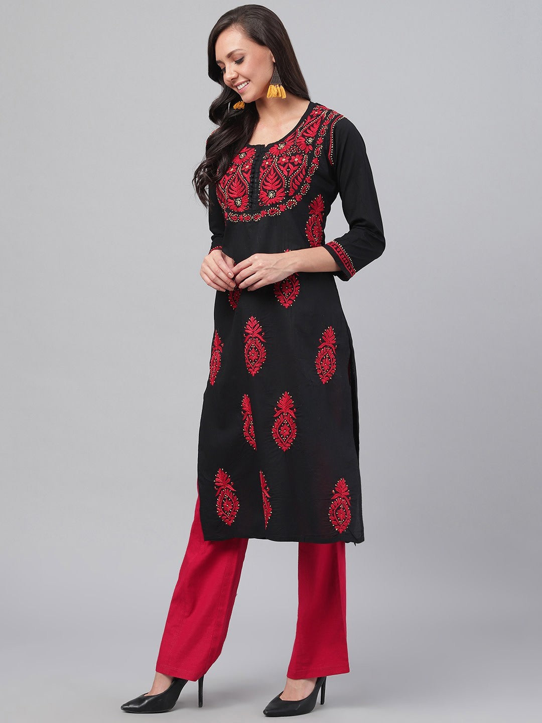 Ada Hand Embroidered Black Cotton Lucknowi Chikankari Straight Kurta A373637