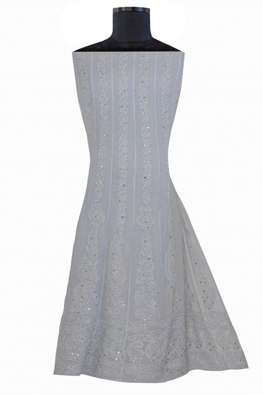 Ada Hand Embroidered Grey Georgette Lucknowi Chikankari Semi-stitched Anarkali Kurta Dupatta Set With Muqaish Work- A607087