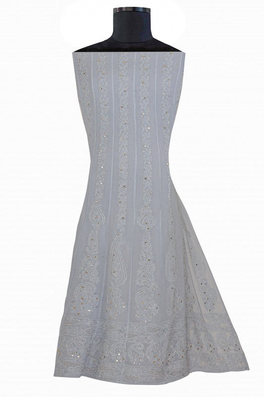 Ada Hand Embroidered Grey Georgette Lucknowi Chikankari Semi-stitched Anarkali Kurta Dupatta Set With Muqaish Work- A607087