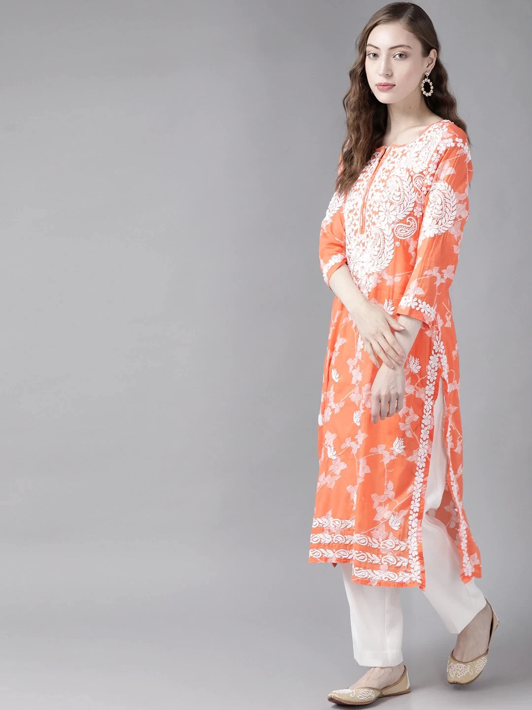 Ada Hand Embroidered Orange Cotton Lucknowi Chikankari Straight Kurta A411265