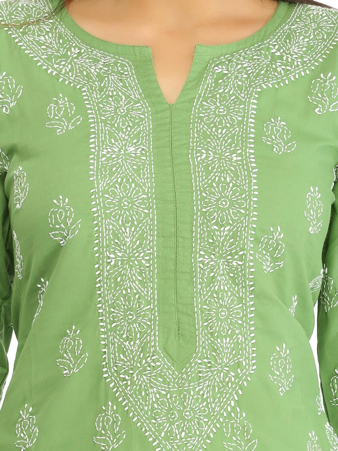 Ada Hand Embroidered Green Cotton Lucknow Chikan Straight Kurta A321387