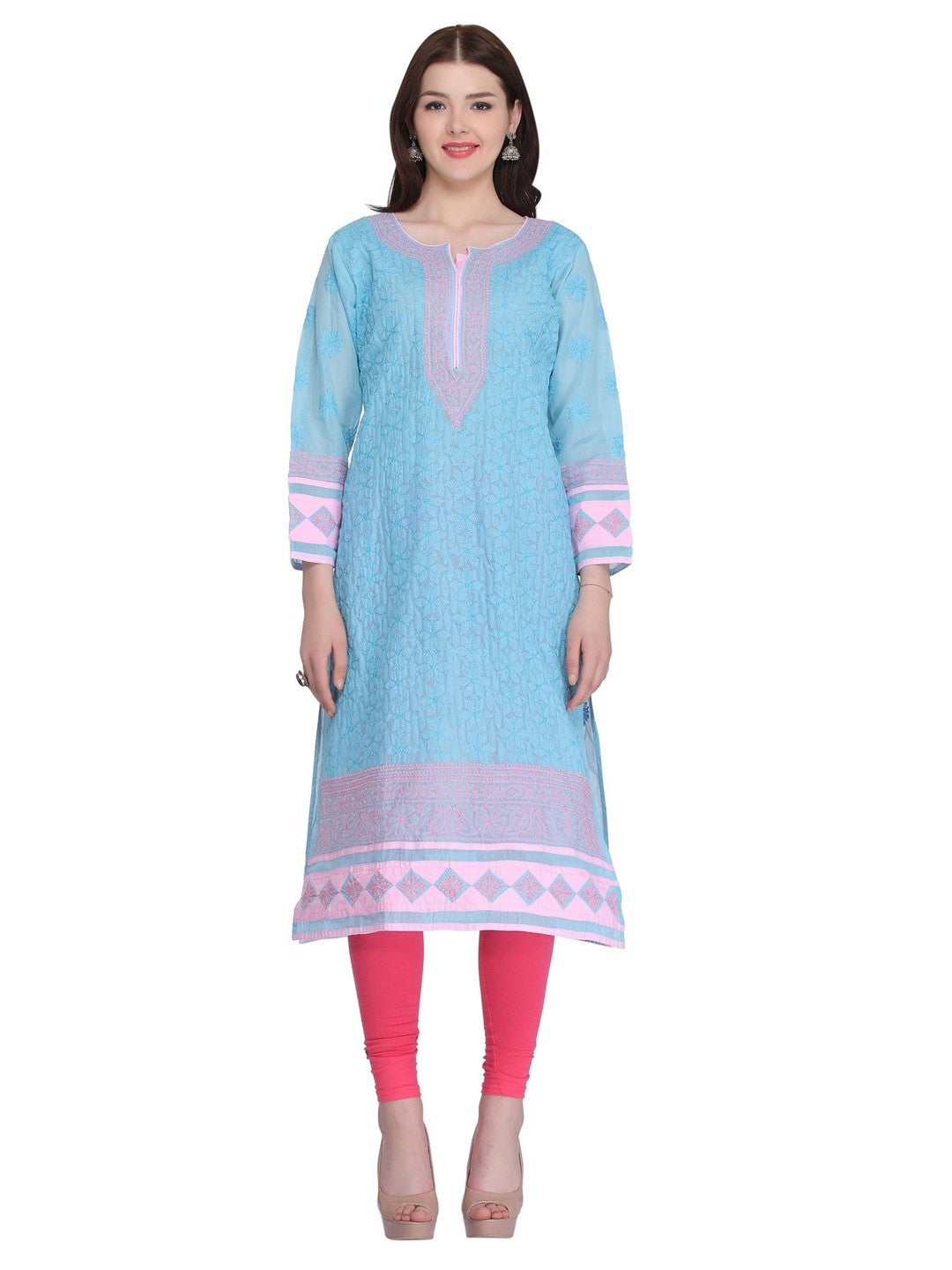 Ada Hand Embroidered Blue Cotton Lucknow Chikan Straight Kurta- A285192