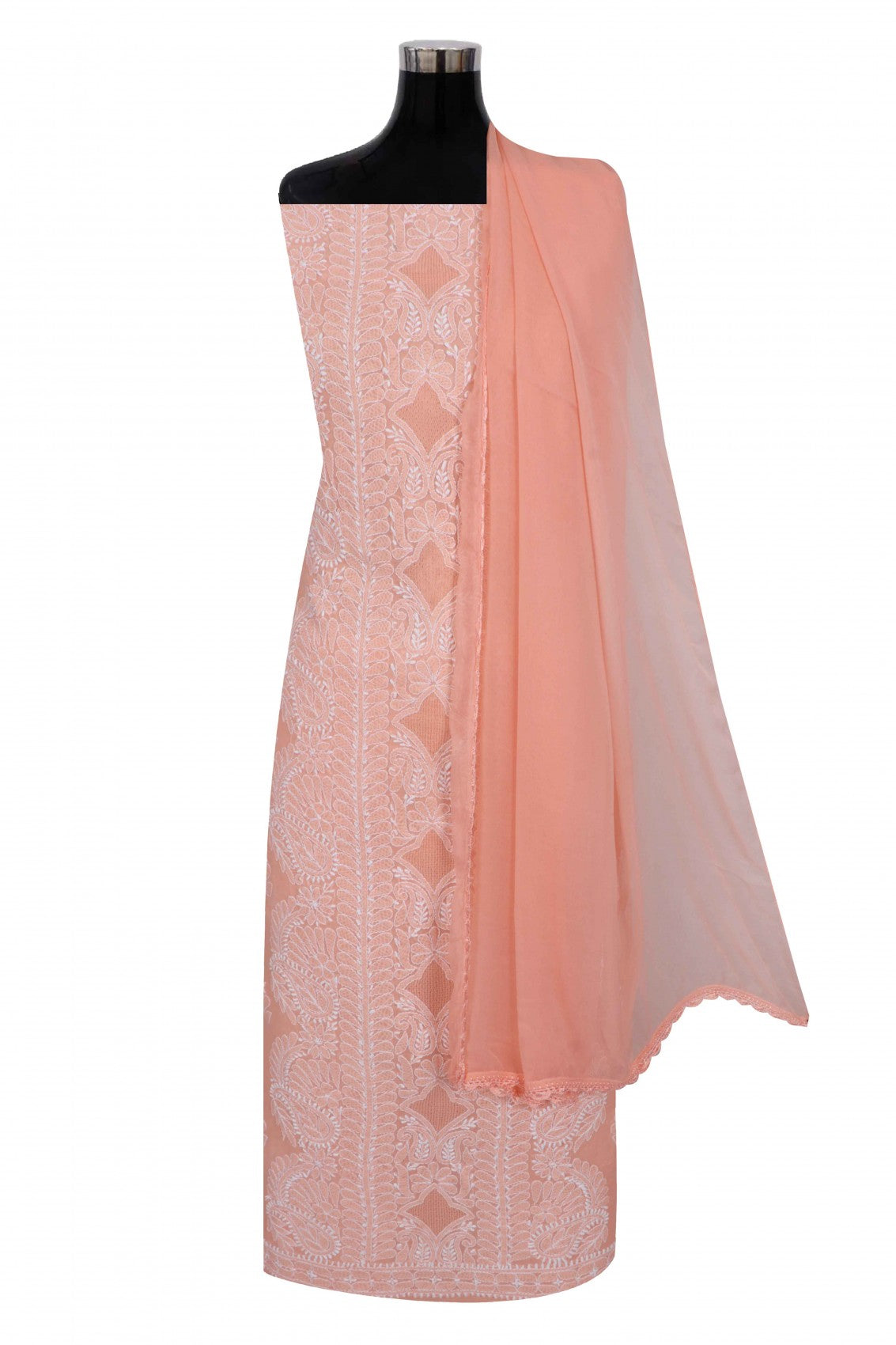 Ada Hand Embroidered Peach Cotton Lucknowi Chikankari Unstitched Suit Piece 01A272282
