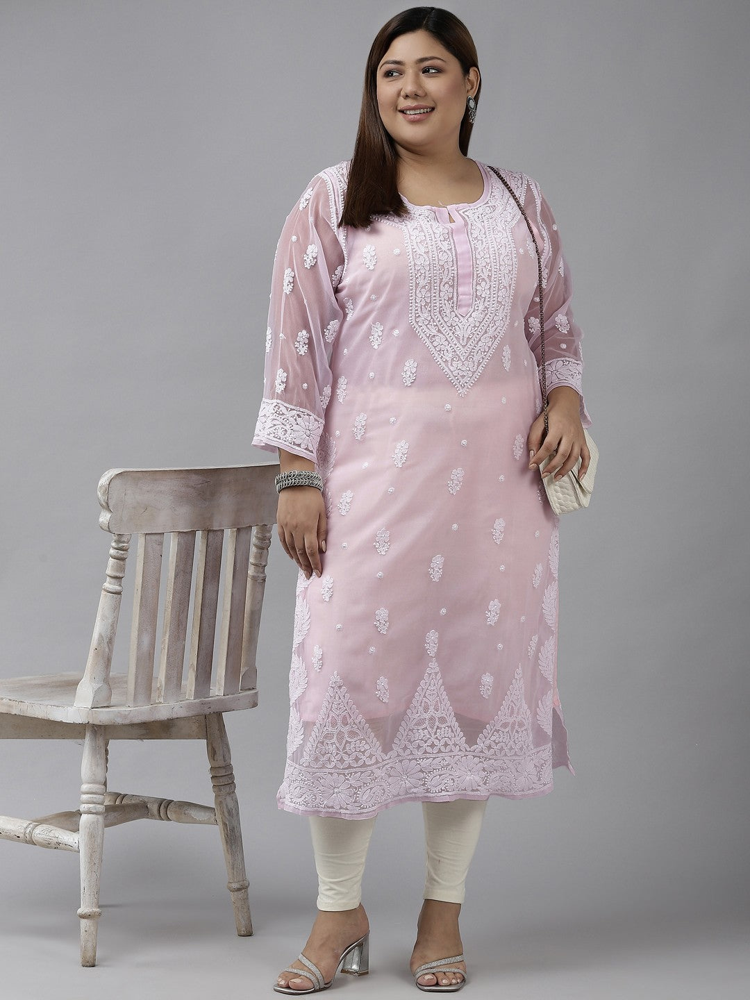Ada Hand Embroidered Powder Pink Georgette Lucknowi Chikankari Straight Kurta with Slip A411208