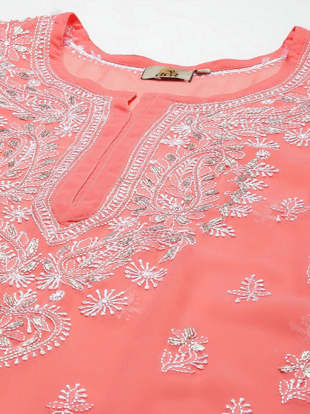 Ada Hand Embroidered Peach Georgette Lucknow Chikan Kurta/Slip with Gota Patti work A411356